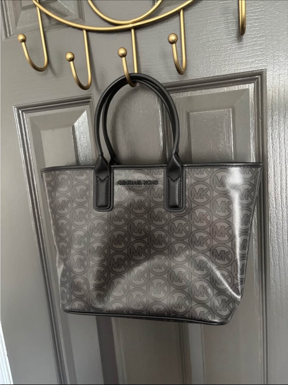 Michael Kors Gray MK Logo Tote with Black Handles